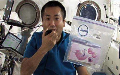 Japanese astronaut Koichi Wakata holds a pack of cherry seeds in the International Space Station, April 13, 2009