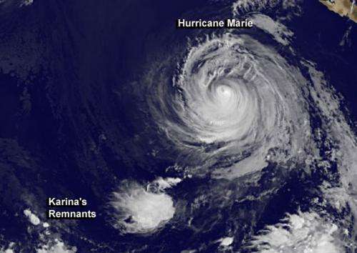 Karina's remnants drawn into Hurricane Marie's spin