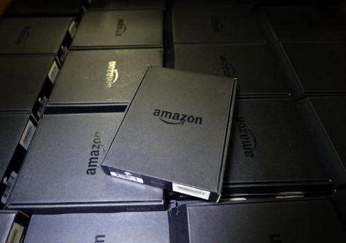 Kindle electronic readers are stacked at Amazon's San Bernardino Fulfillment Center on October 29, 2013 in San Bernardino, Calif