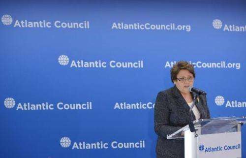 Latvia's Prime Minister Laimdota Straujuma speaks at a conference at the Atlantic Council on April 29, 2014 in Washington, DC