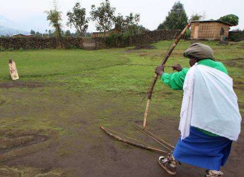 Leonidas Barora (L), a former poacher, shoots at a target using a traditional bow and arrow during a show for tourists at Kinigi