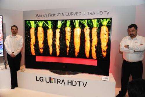 LG's ultra HD television with 105-inch curved display is seen at the LG press conference at the Mandalay Bay Convention Center f