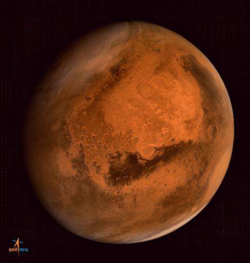 Mars is seen in an image taken by the ISRO Mars Orbiter Mission (MOM) spacecraft