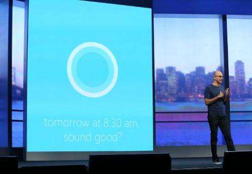 Microsoft CEO Satya Nadella demonstrates Cortana, Windows Phones' new digital personal assistant, at the Microsoft Build develop