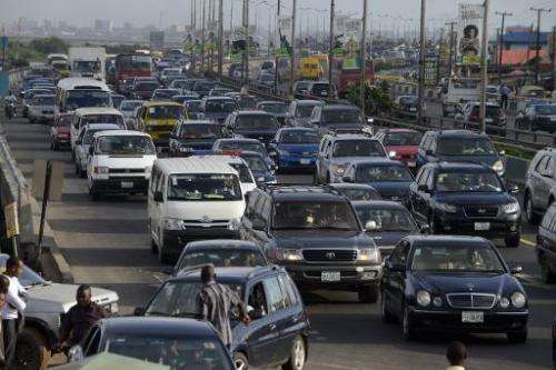 Motorists stuck in traffic jam in Lagos, Nigeria on October 13, 2014