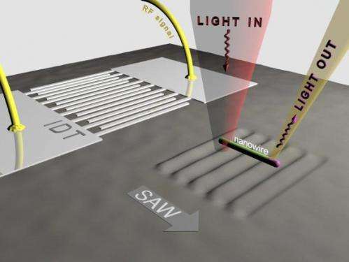 Moving light across a semiconducting nanowire via surface acoustic waves