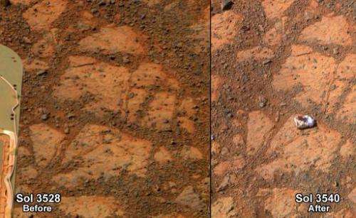 NASA image shows before-and-after of the same patch of ground in front of NASA's Mars Exploration Rover Opportunity 13 days apar