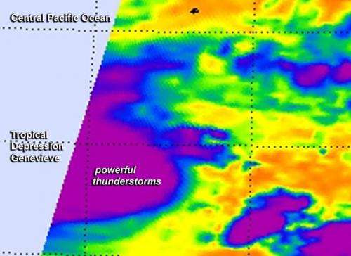 NASA sees bursts of thunderstorms in Tropical Depression Genevieve's center