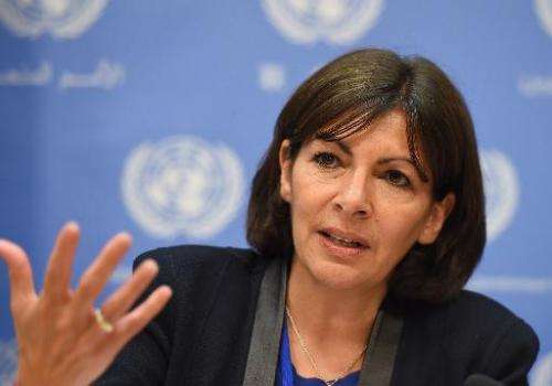 Paris Mayor, Anne Hidalgo, attends a press briefing on 'sustainable urbanization and the climate change challenge', at United Na