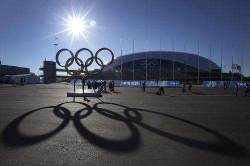 People pose in front of the Olympic rings near the Bolshoy arena in the seaside cluster prior to the start of the 2014 Sochi Win