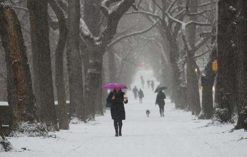 People walk during a snow storm in New York, January 21, 2014