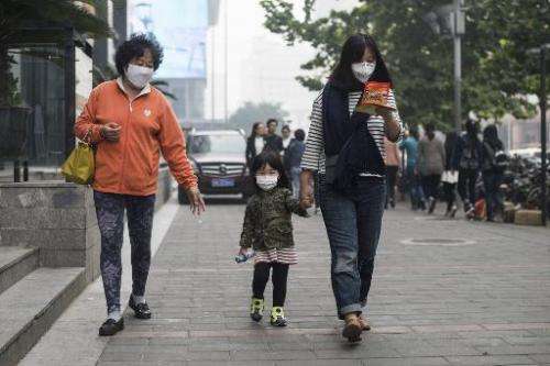People wear face masks in Beijing amid heavy smog on October 10, 2014
