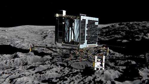 Photo released by the European Space Agency shows an artist impression of Rosetta's lander Philae (back view) on the surface of 