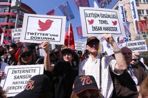 Placards read &quot;do not touch my twitter &quot;,&quot;communication right is a basic human right&quot; and &quot;censorship t