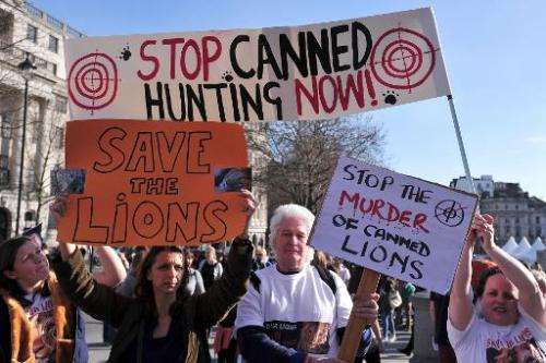 Protesters take part in a march against canned hunting of lions in central London on March 15, 2014