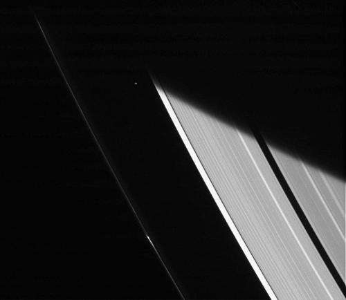 Saturn’s moon Atlas shines between gas giant’s rings