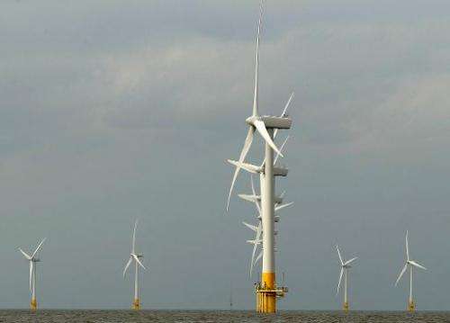 Scroby Sands wind farm off the coast of Norfolk, England, pictured on August 27, 2008