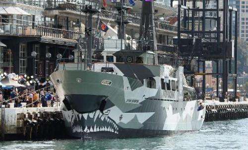 Sea Shepherd's newest ship, the Sam Simon is moored at Circular Quay in Sydney, on August 31, 2013