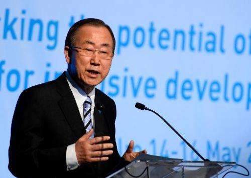 Secretary General of the United Nations Ban Ki-moon speaks during the 7th Global Forum on Migration and Development Government m