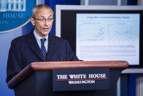 Senior White House counselor John Podesta speaks during the daily briefing at the White House on May 5, 2014 in Washington