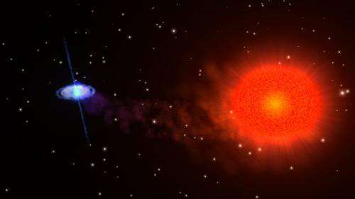 Slowly rotating neutron star paired with a red-giant star reveals properties that conflict with existing theory