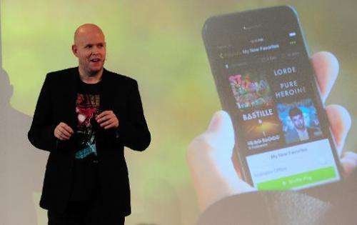 Spotify founder and CEO Daniel Ek addresses a press conference in New York, on December 11, 2013