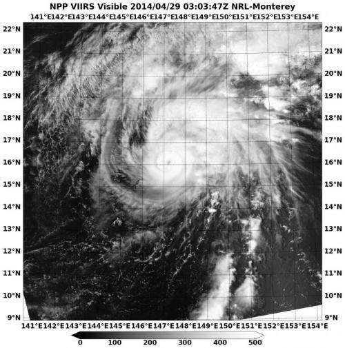 Suomi NPP satellite sees clouds filling Tropical Storm Tapah's eye