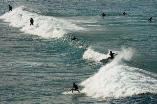 Surfers enjoy the waves at Bondi Beach, Sydney's most famous beach, on June 10, 2013
