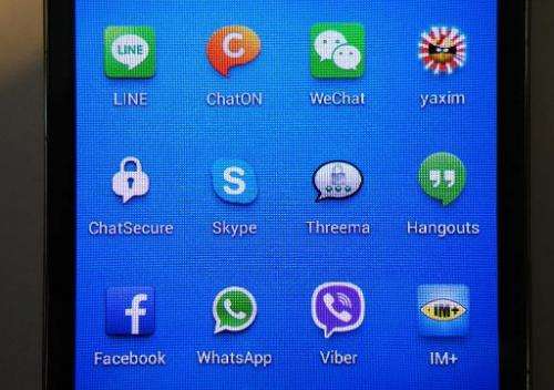 The apps (L,TOP-R,BOTTOM) Line, ChatOn, WeChat, Yaxim, ChatSecure, WhatsApp, Facebook, Hangouts, Threema, Skype, Viber and IM+ a