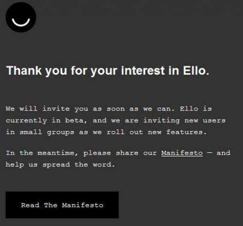 The Ello website is seen on a computer screen on September 27, 2014 in Washington D.C.