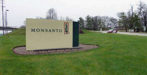 The entrance sign is seen at the headquarters of Monsanto, at Creve Coeur in St. Louis, Missouri, on April 7, 2014