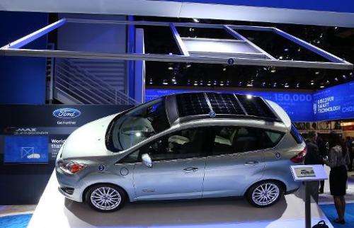 The Ford C-Max solar energy concept car is displayed at the 2014 International CES at the Las Vegas Convention Center on January