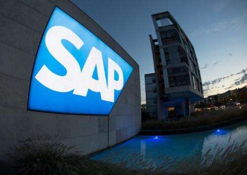 The logo of German software giant SAP is seen in front of the company's headquarters in Walldorf, southern Germany, on October 2