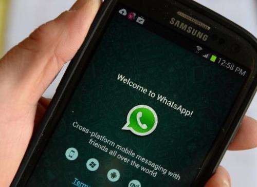 The logo of WhatsApp, the popular messaging service bought by Facebook, pictured on a smartphone in New York on February 20, 201