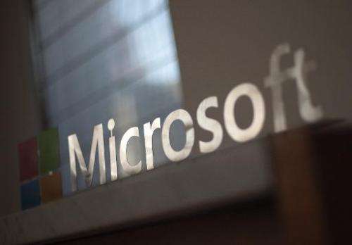 The Microsoft logo is seen before the start of a media event in San Francisco, California, March 27, 2014