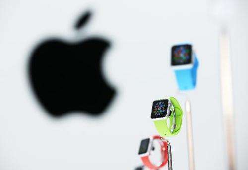 The new Apple Watch is displayed during an Apple special event at the Flint Center for the Performing Arts on September 9, 2014 