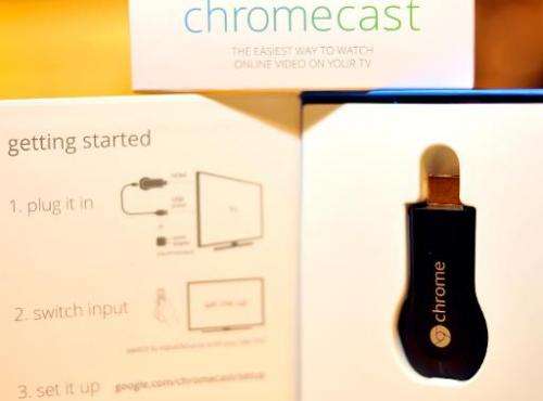 The new Google Chromecast is arranged on a table at a media event at Dogpatch Studios on July 24, 2013 in San Francisco, Califor