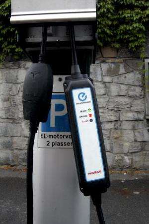 The plugs of charging cars are seen in free parking spaces for electric cars in central Oslo on August 19, 2014