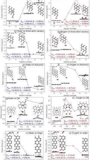 The reaction pathways for the dissociative adsorption of an H2O and an O2 molecule on graphene