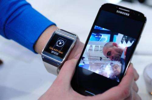 The Samsung Gear smartwatch is presented at the Mobile World Congress in Barcelona, Spain, on February 24, 2014