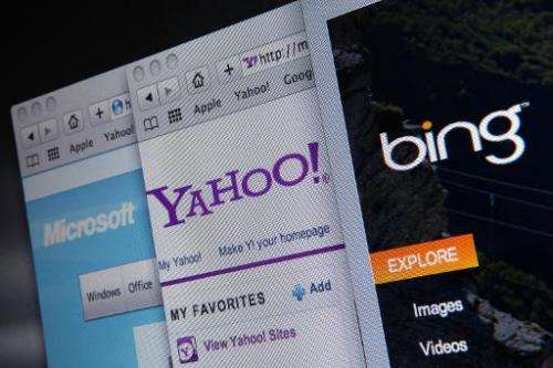 The websites of Bing, Microsoft and Yahoo are displayed on a computer monitor July 29, 2009 in San Anselmo, California