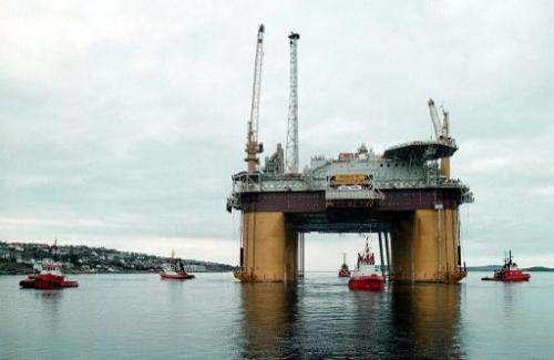 The world's largest natural gas platform Aasgard-B being towed on April 17, 2000 from Kvaerner Rosenberg Shipyard near Stavanger