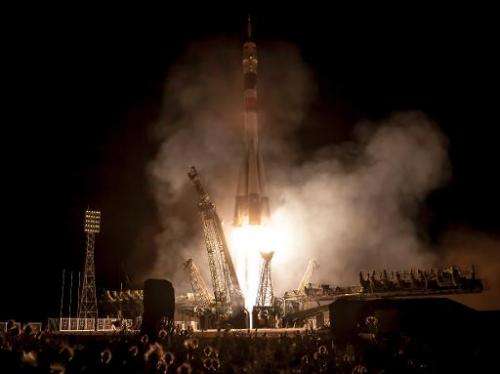 This photo provided by NASA shows a Soyuz rocket launching from the Baikonur Cosmodrome in Kazakhstan to the International Space