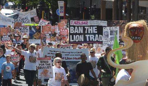 Thousand of protestors march to Parliament to have canned hunting banned as part of a global march for lions in Cape Town on Mar