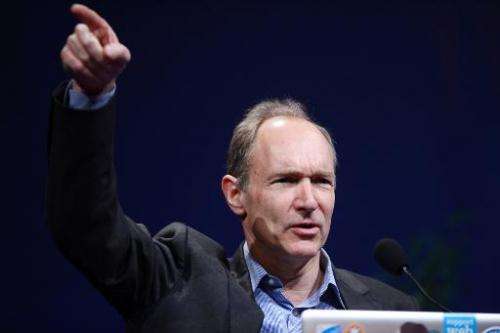 Tim Berners-Lee, the man credited with inventing the world wide web, gives a speech on April 18, 2012 in Lyon, France, on April 