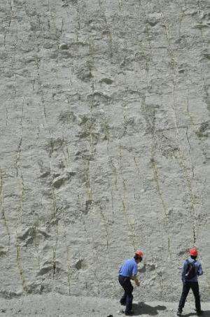 Tourists visit the rocky outcrop where dinosaur pawprints were found at the Cretaceous Park in Cal Orcko hill in Sucre, on Septe