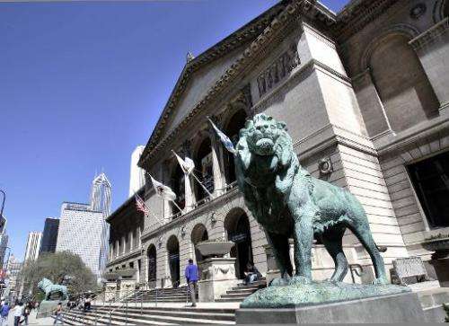 Two lions guard the entrance to The Art Institute of Chicago along Michigan Avenue on April 22, 2005