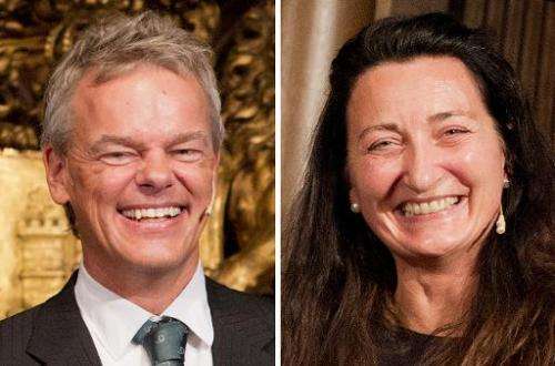 Two photos taken on September 5, 2014, in Hamburg, Germany, show Norwegian scientists Edvard I Moser (L) and May-Britt Moser aft