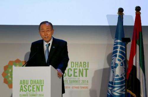 UN Secretary General Ban Ki-moon gives a speech meeting to prepare for the climate change summit in New York on May 4, 2014 in A