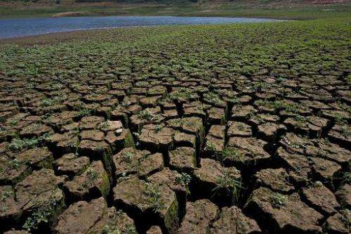 View of cracked ground in an area that used to be underwater at the Jaguari dam, in Vargem, 100km from Sao Paulo, during a droug